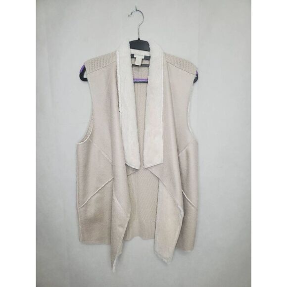 Chico's Faux Suede Faux Fur Open Front Neutral Soft Wool Blend Sweater Vest - Picture 1 of 8